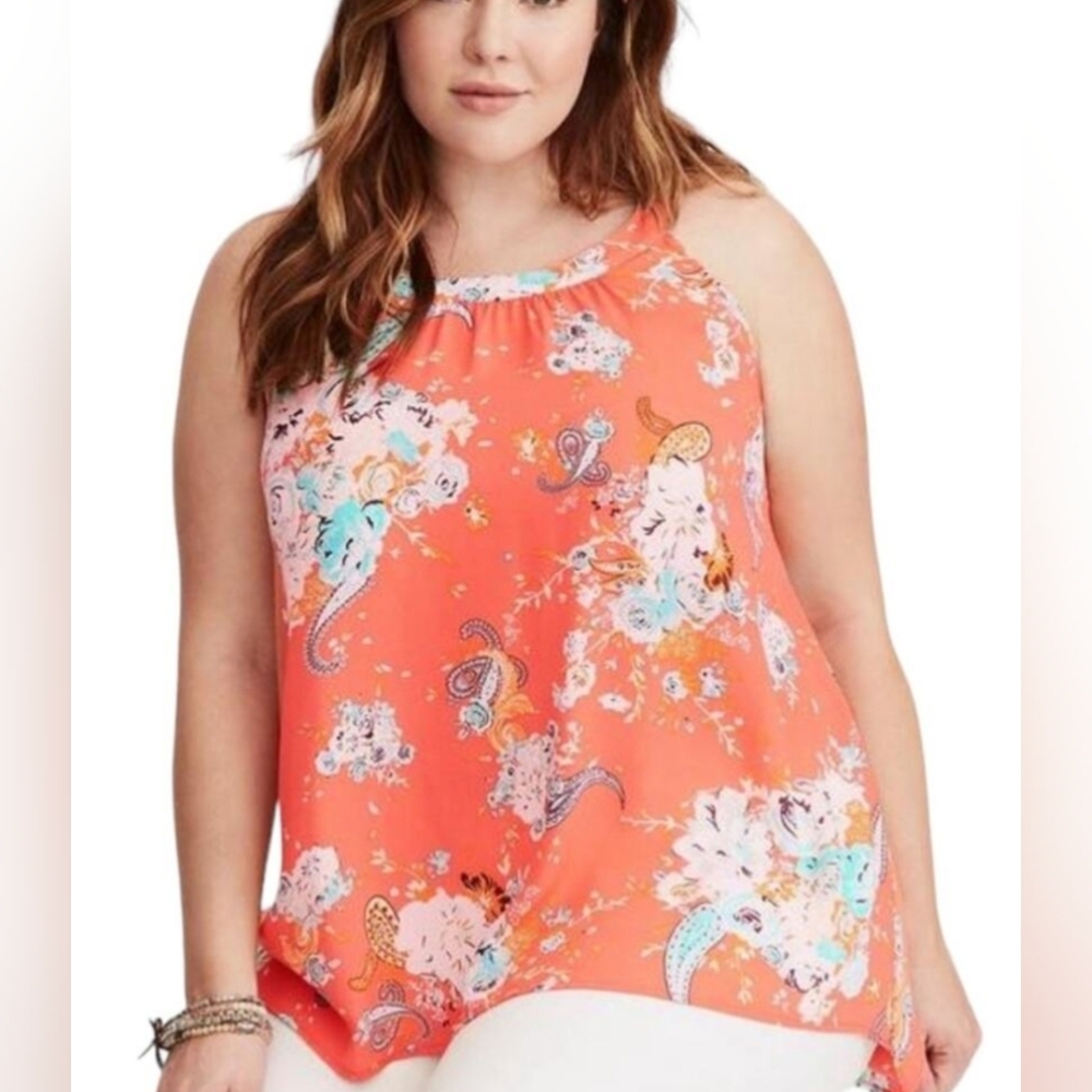 Torrid Coral Blue Floral Paisley High Low Round Neck Tank Top 5X 28